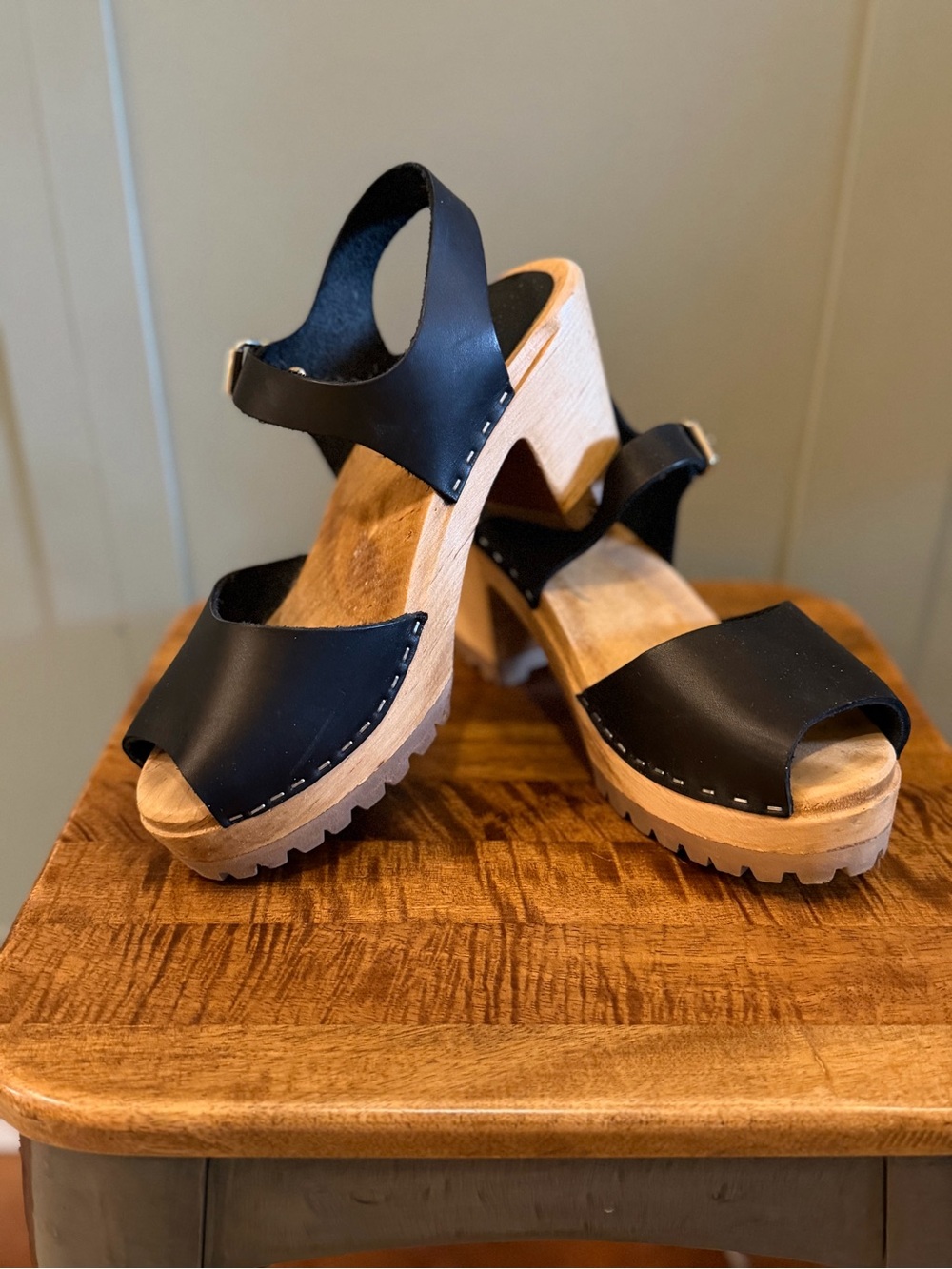 Mia Swedish Style Black Leather Platform Clog Sandals with Wood Heel